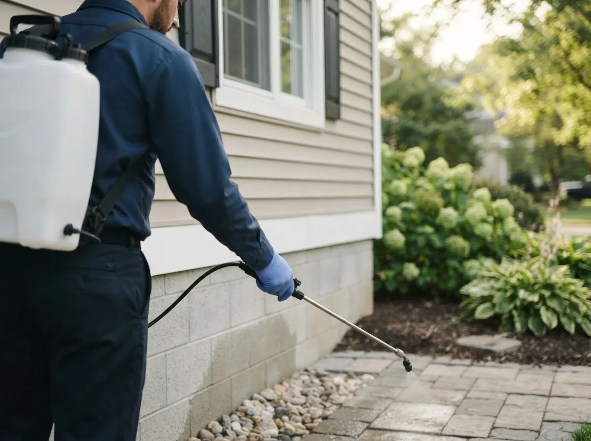 Pest control technician inspecting a home in Necedah, WI